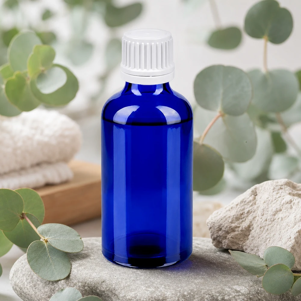 Robuste Glasflasche 50ml dunkelblau mit weißem Verschluss für professionelle Anwendungen