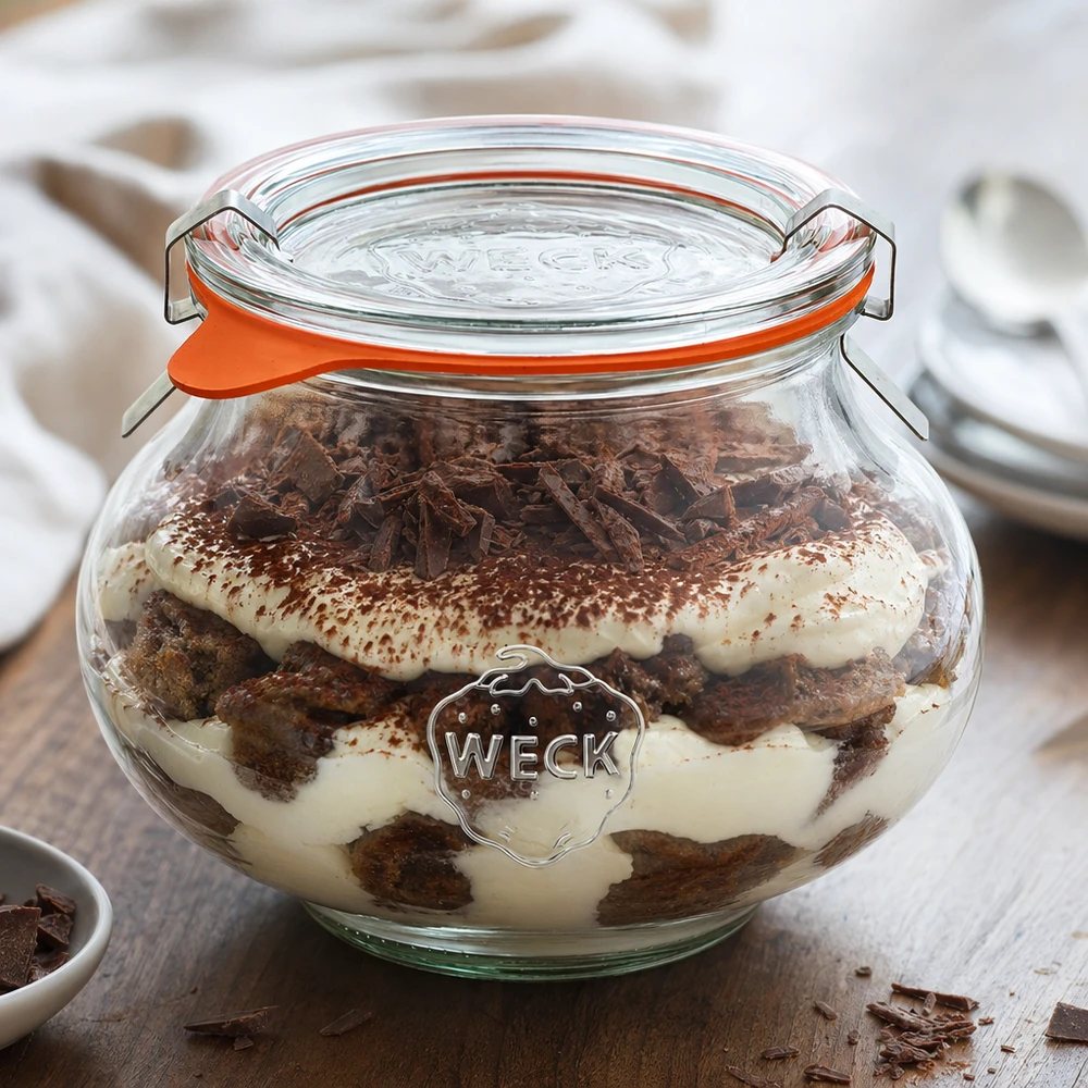 560ml Schmuckglas komplett WECK RR80 WECK Einmachglas 560ml gefüllt mit Tiramisu Dessert, Demonstration der praktischen Verwendung als Vorratsglas