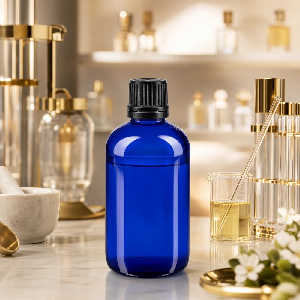 Rundschulter-Apothekerflasche 100ml blau mit schwarzem Kindersicherheitsverschluss