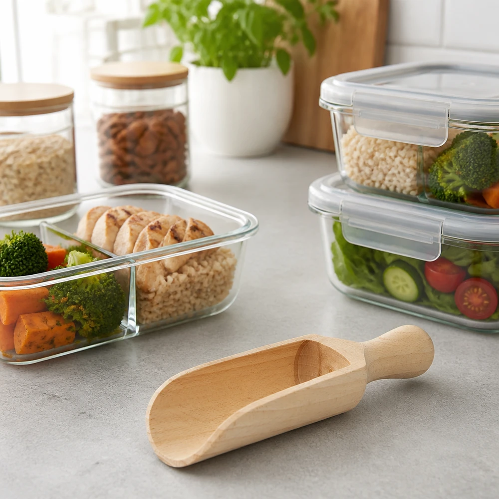 Holzschaufel M 14cm halbrund auf Küchenarbeitsplatte mit Meal-Prep-Containern und Aufbewahrungsgläsern im Hintergrund