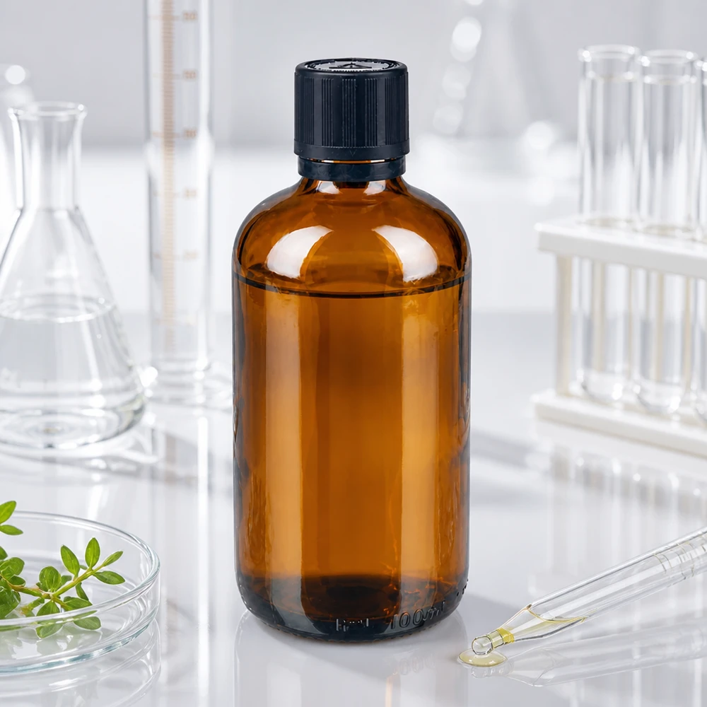 Apothekenflasche braun 100ml Tropfer Premium 1mm schwarz Kindersicherung Blindenwarnsymbol Originalitätsverschluss 100ml Tropfflasche aus Braunglas mit originalitätsgesichertem Verschluss neben Petrischale mit Heilkräutern
