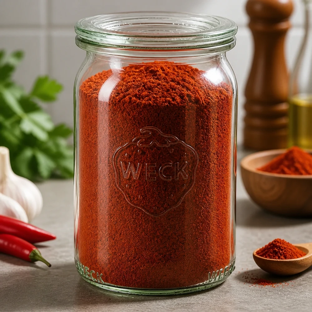 145ml Zylinderglas mit Glasdeckel WECK RR40 WECK 145ml Zylinderglas RR40 gefüllt mit rotem Paprikapulver in Küchenszenerie mit Gewürzen und Chilischoten