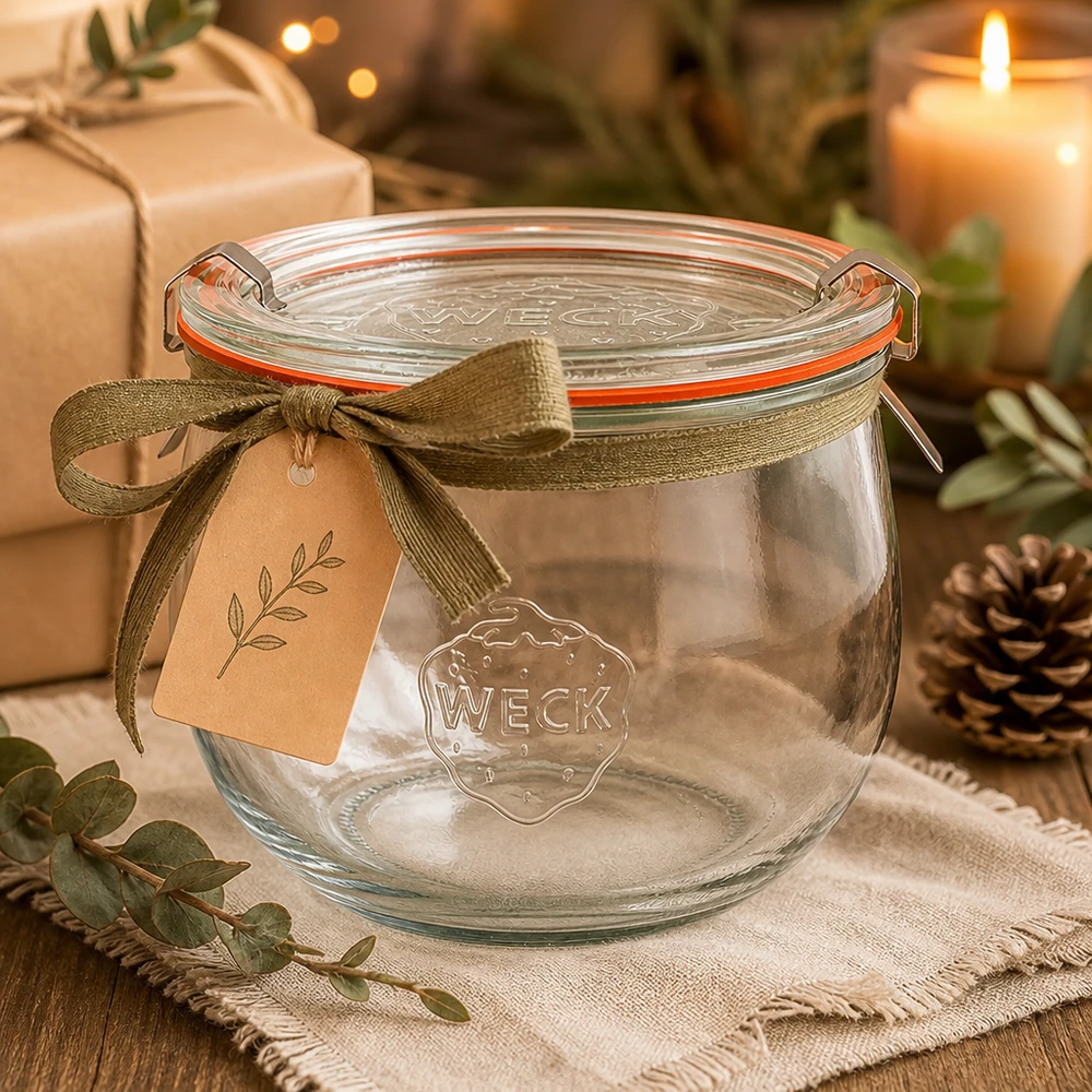 580ml Tulpenglas komplett WECK RR100 WECK Tulpenglas 580ml RR100 leer als Geschenkidee mit Schleifenband und Anhänger in gemütlicher Weihnachtsdeko