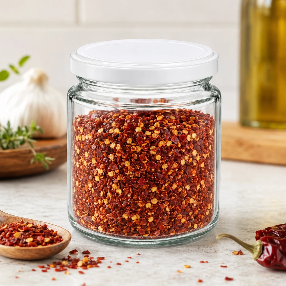 250ml Honigglas mit weißem BasicSeal Deckel gefüllt mit roten Chili-Gewürzflocken in mediterraner Küchenszene