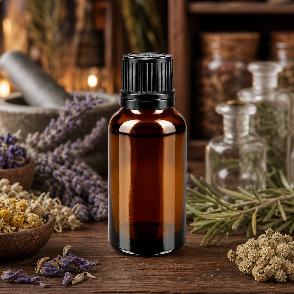 Zylindrische 20ml Braunglasflasche mit schwarzem Sicherheitsverschluss für Pflanzenauszüge
