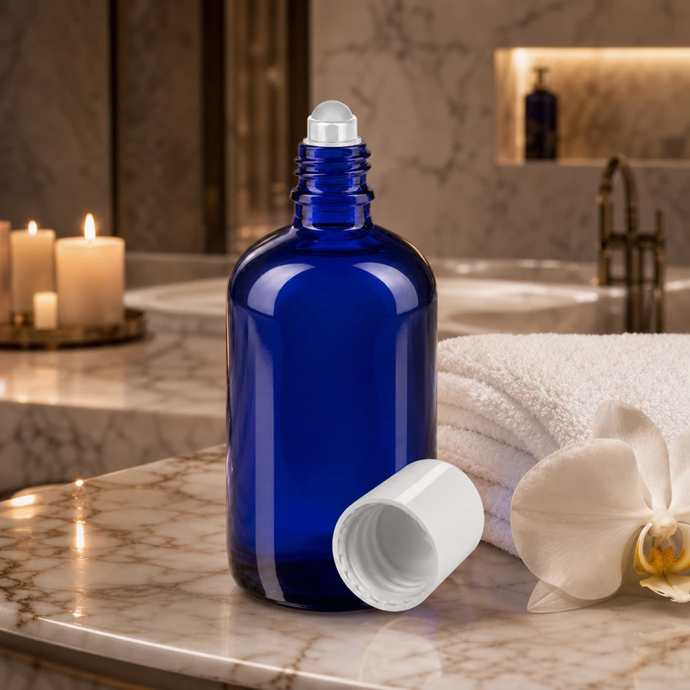 Runde 100ml Flasche aus blauem Apothekerglas mit kugelförmigem Rollaufsatz und weißem Deckel