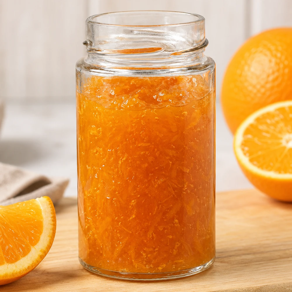 245ml Rundglas ohne Deckel (TO58deep) UNiTWIST UNiTWIST Runda245 Rundglas 245ml mit Orangenmarmelade gefüllt auf Holzbrett neben frischen Orangenscheiben