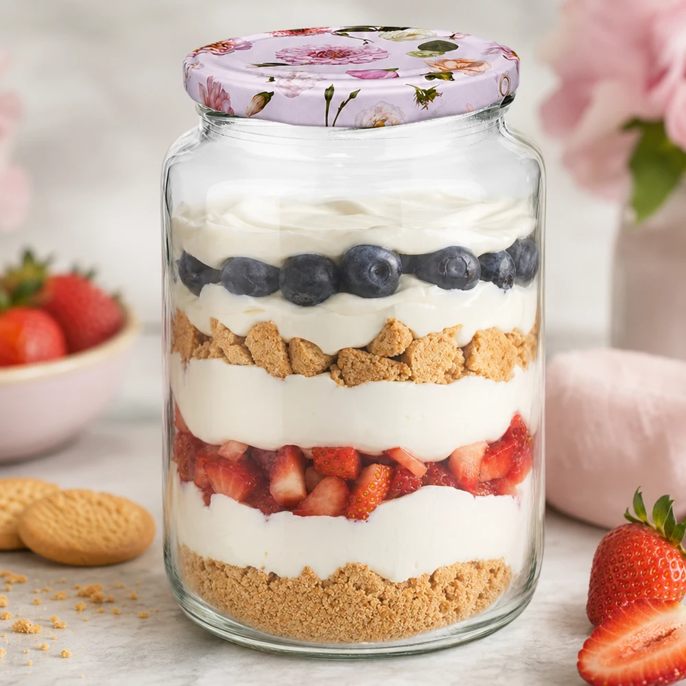 795ml Rundglas + BasicSeal Deckel Blume rosa UNiTWIST 795ml Rundglas mit Schichtdessert Joghurt Beeren Kekse BasicSeal Deckel rosa Blumen Dessertglas Küche