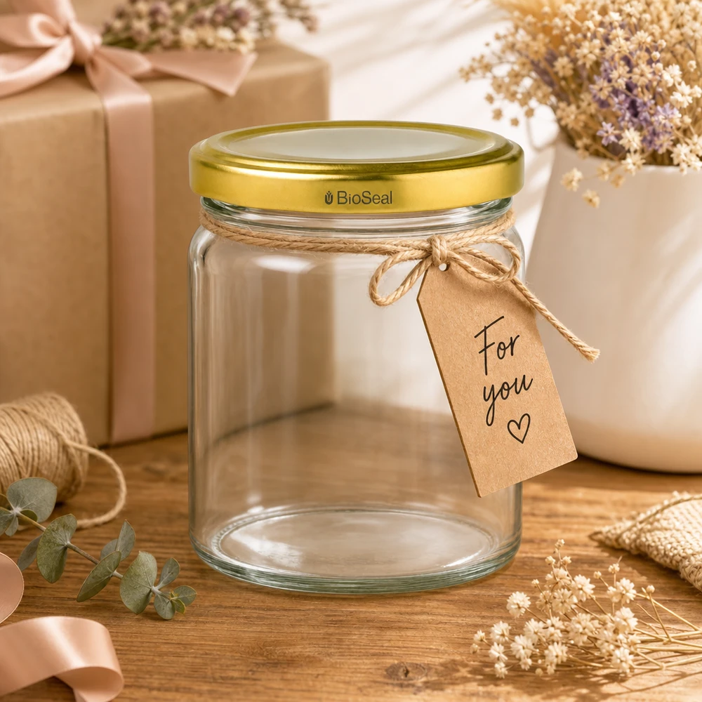 408ml Rundglas mit BioSeal Deckel gold UNiTWIST UNiTWIST Runda408 Vorratsglas mit goldenem TO82 BioSeal Deckel als Geschenk mit Schleife und Geschenkanhänger