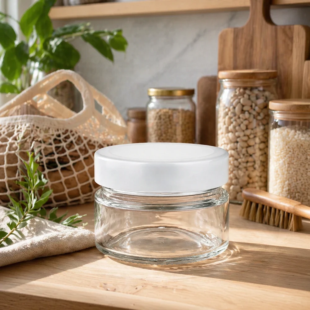 80ml Rundglas mit BasicSeal Deckel weiß deep UNiTWIST 80ml Rundglas mit BasicSeal Deckel auf Holzbrett in nachhaltiger Zero-Waste-Küche mit Vorratsglasern