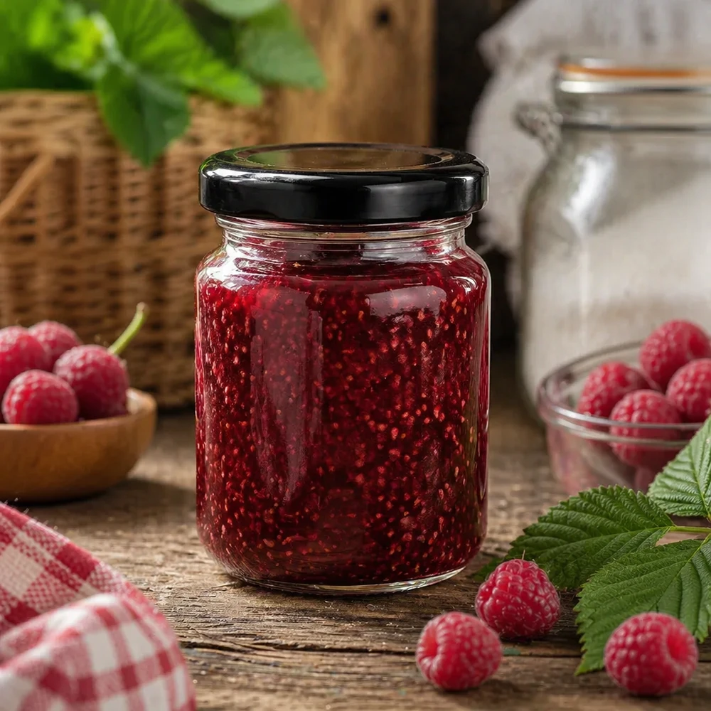 53ml Rundglas mit BasicSeal Deckel schwarz UNiTWIST 53ml Rundglas schwarzer Deckel mit Himbeermarmelade gefüllt rustikale Küche frische Beeren Marmeladenglas