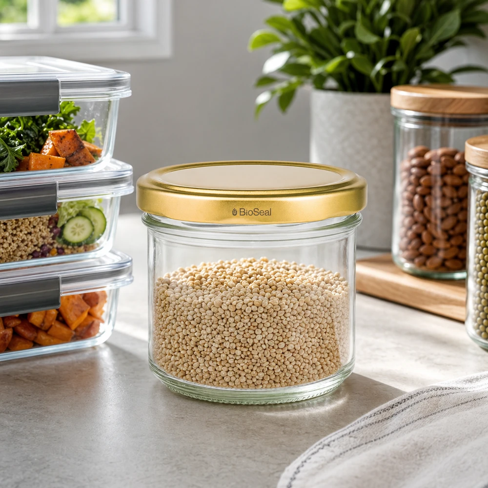 125ml Sturzglas mit BioSeal Deckel gold UNiTWIST UNiTWIST 125ml Vorratsglas mit Quinoa befüllt - goldener TO66 Deckel in moderner Küche mit Meal-Prep-Boxen