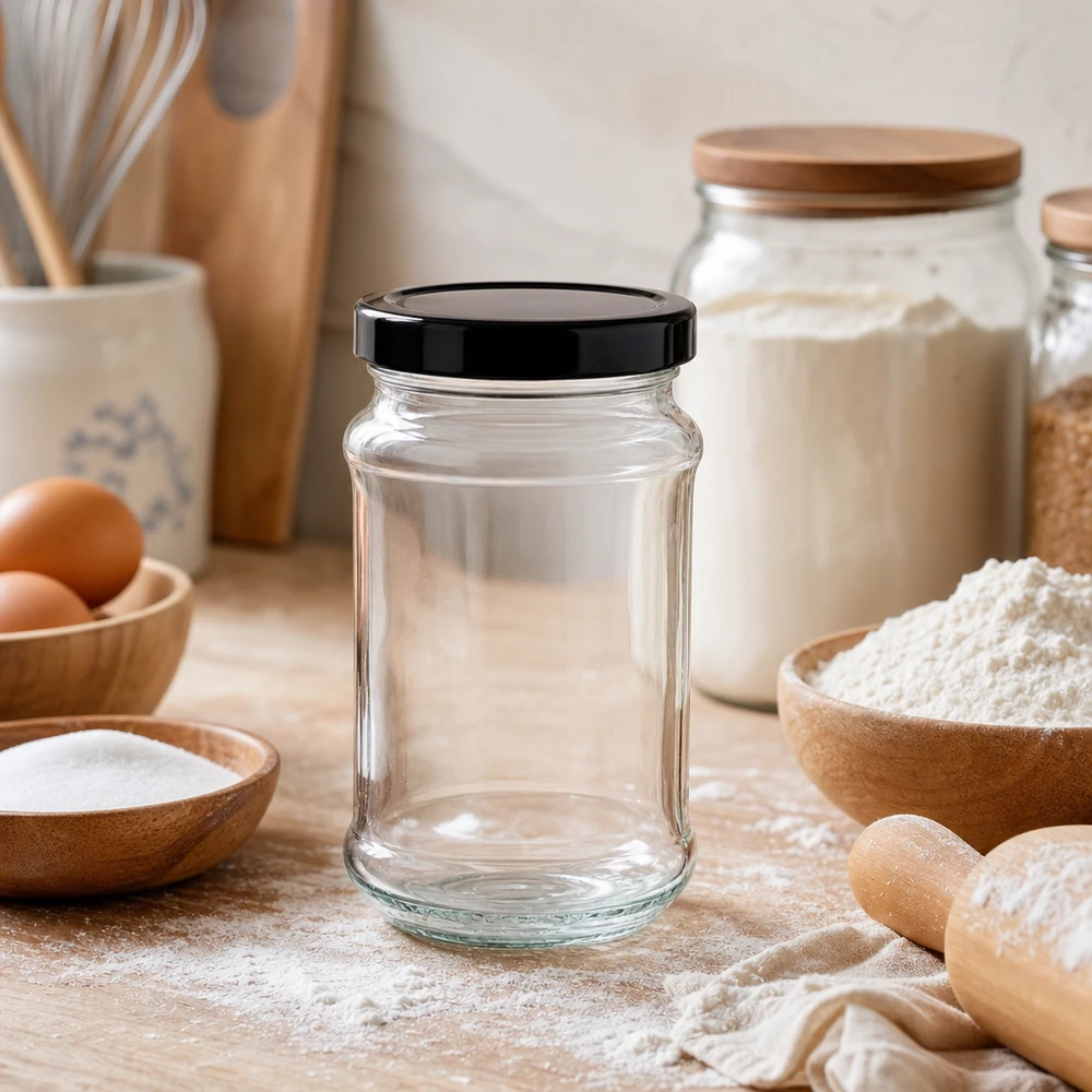 390ml Rundglas mit schwarzem BasicSeal Deckel in Küche mit Backzutaten - vielseitiges Vorratsglas für Mehl und Co