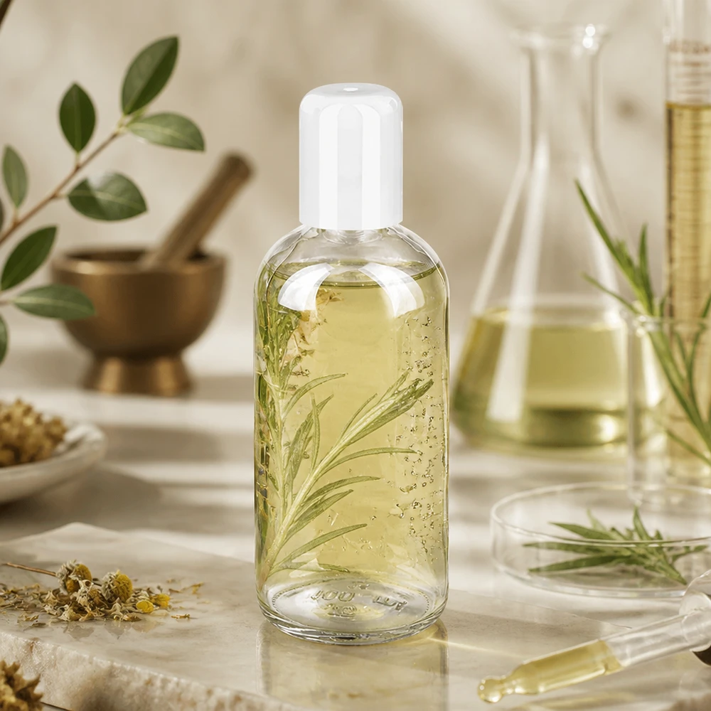 ClearLine Roll-On Flasche 100ml mit Kräuterinfusion umgeben von Naturzutaten und Glaskolben