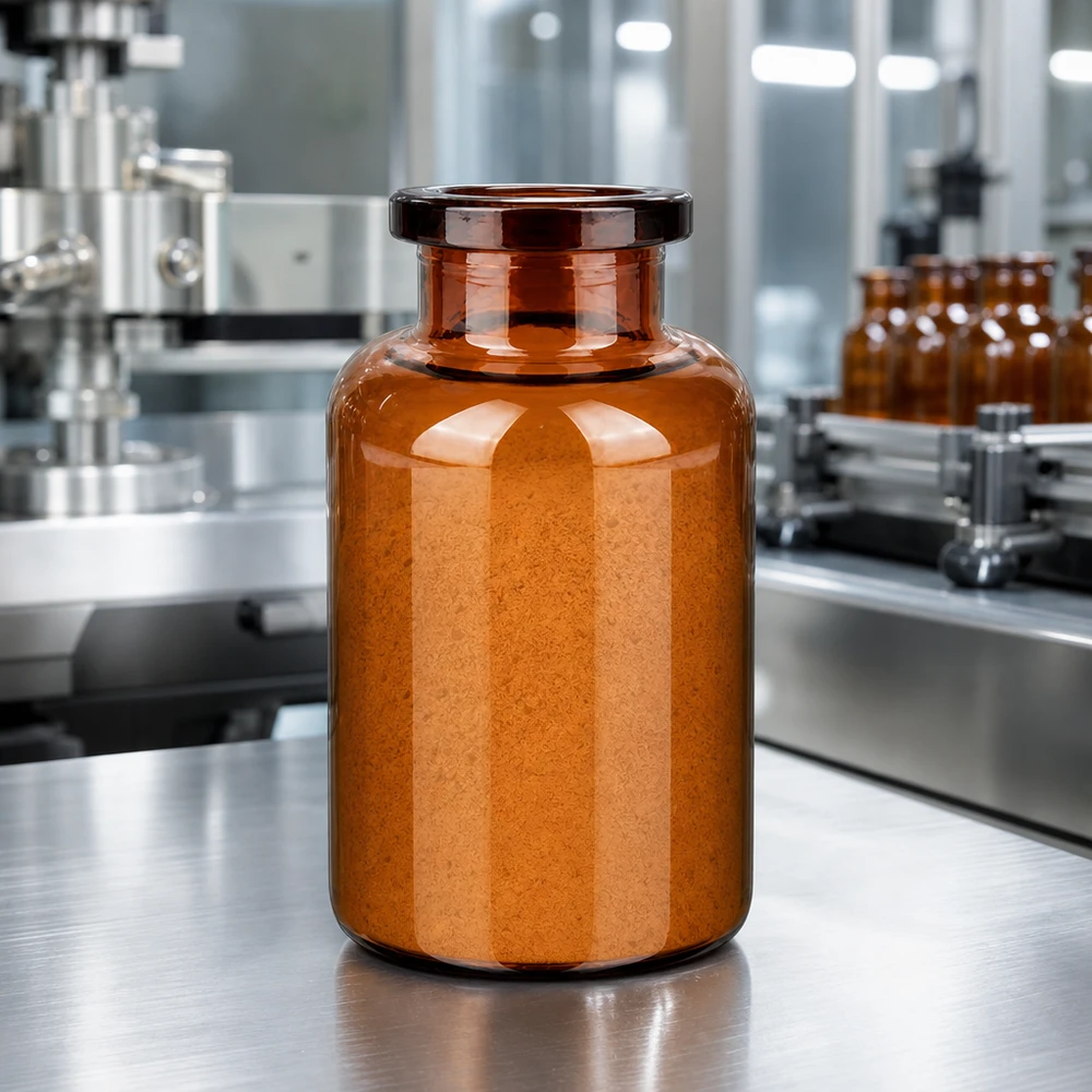 Zylindrische Injektionsflasche 20ml Braunglas gefüllt mit orangem Lyophilisat