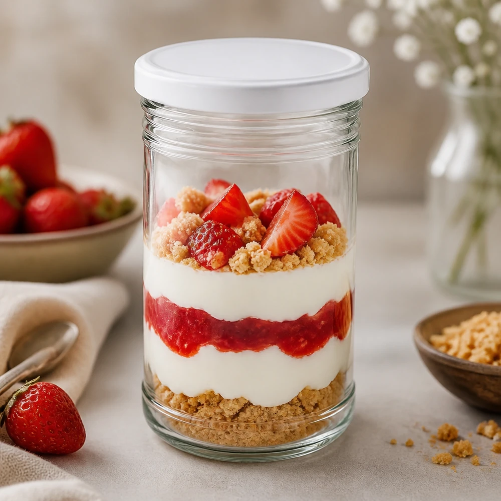 1053ml Sturzglas mit BasicSeal Deckel weiß UNiTWIST 1053ml Sturzglas als Dessertglas mit Erdbeer-Sahne-Schichtdessert BasicSeal Deckel weiß Nachspeise im Glas