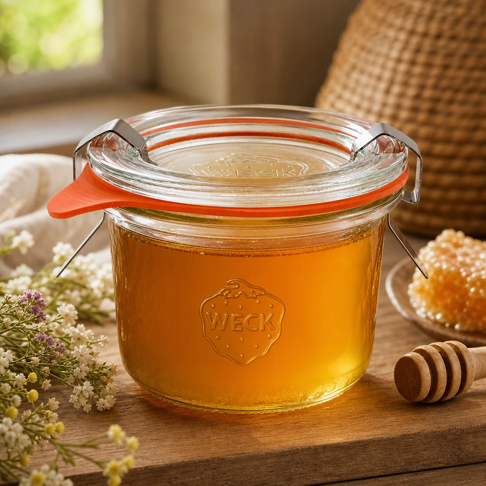 80ml Sturzglas komplett WECK RR60 WECK Sturzglas 80ml RR60 mit Honig befüllt und Honiglöffel zeigt natürliche Lagerung von flüssigen Produkten