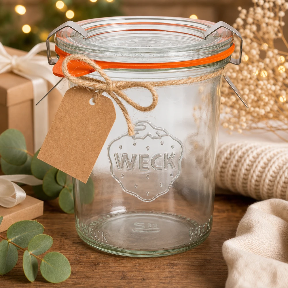 WECK Sturzglas 160ml RR60 als Geschenkidee weihnachtlich dekoriert mit Kraftpapier-Anhänger und Juteband