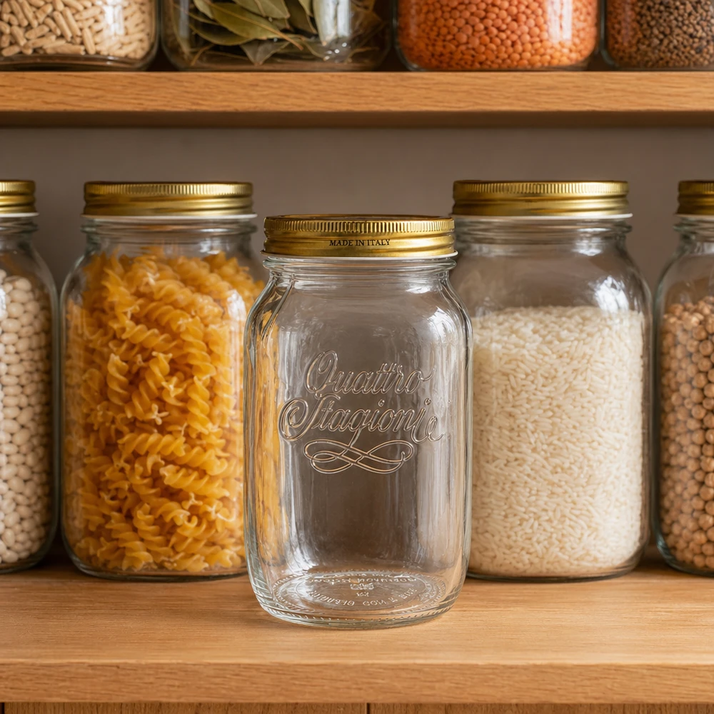 1000ml Quattro Stagioni Einmachglas in Küchenpantry zwischen gefüllten Vorratsgläsern Pasta Reis Hülsenfrüchte Aufbewahr