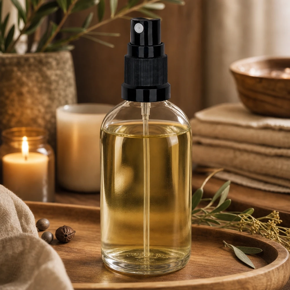 Nachfüllbare 100ml Sprühflasche Glas transparent schwarzer Aufsatz für Öle und Seren