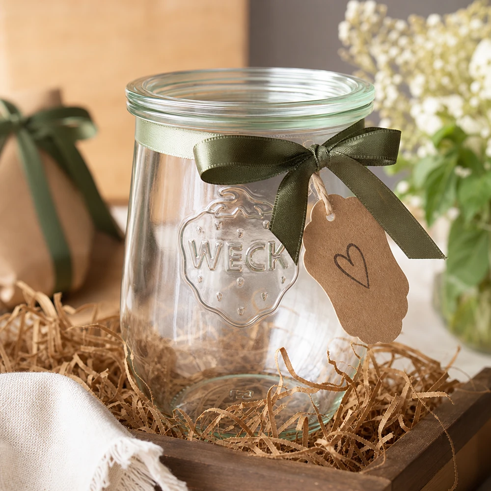 WECK Tulpenglas 1062ml RR100 Glasdeckel Geschenkverpackung grüne Schleife Anhänger Bastmaterial Dekoration