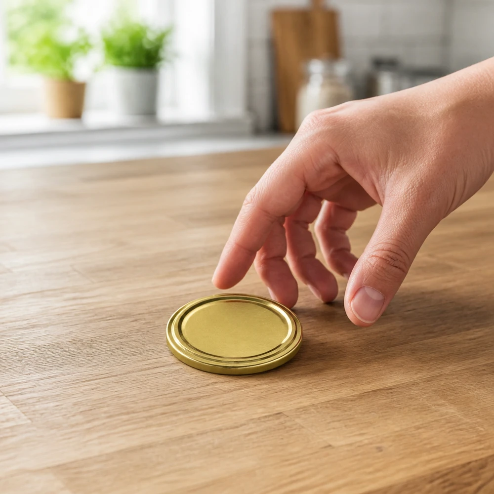 70mm BioSeal Deckel gold (TO70) UNiTWIST UNiTWIST TO70 runder goldener Schraubdeckel TO70 BioSeal unitemp auf hellem Holz Küche
