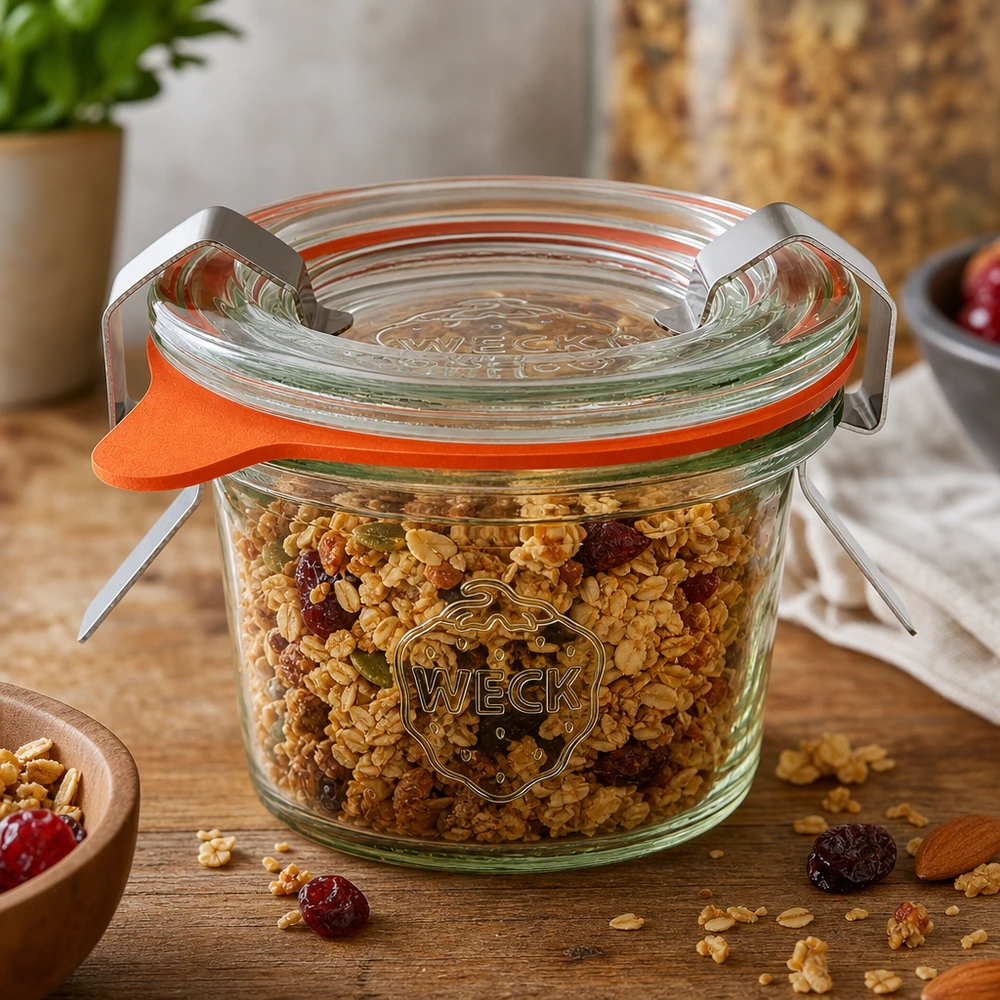 35ml Sturzglas komplett WECK RR40 WECK Sturzglas 35ml RR40 gefüllt mit Müsli und Trockenfrüchten zeigt vielseitige Verwendung als Vorratsglas