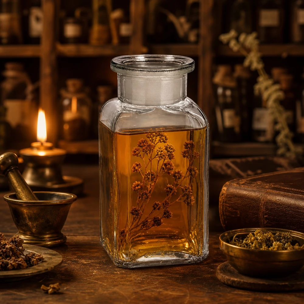 Glasflasche viereckig 100ml mit Weithals und Glasstopfen vor antikem Apothekenregal mit Kerze