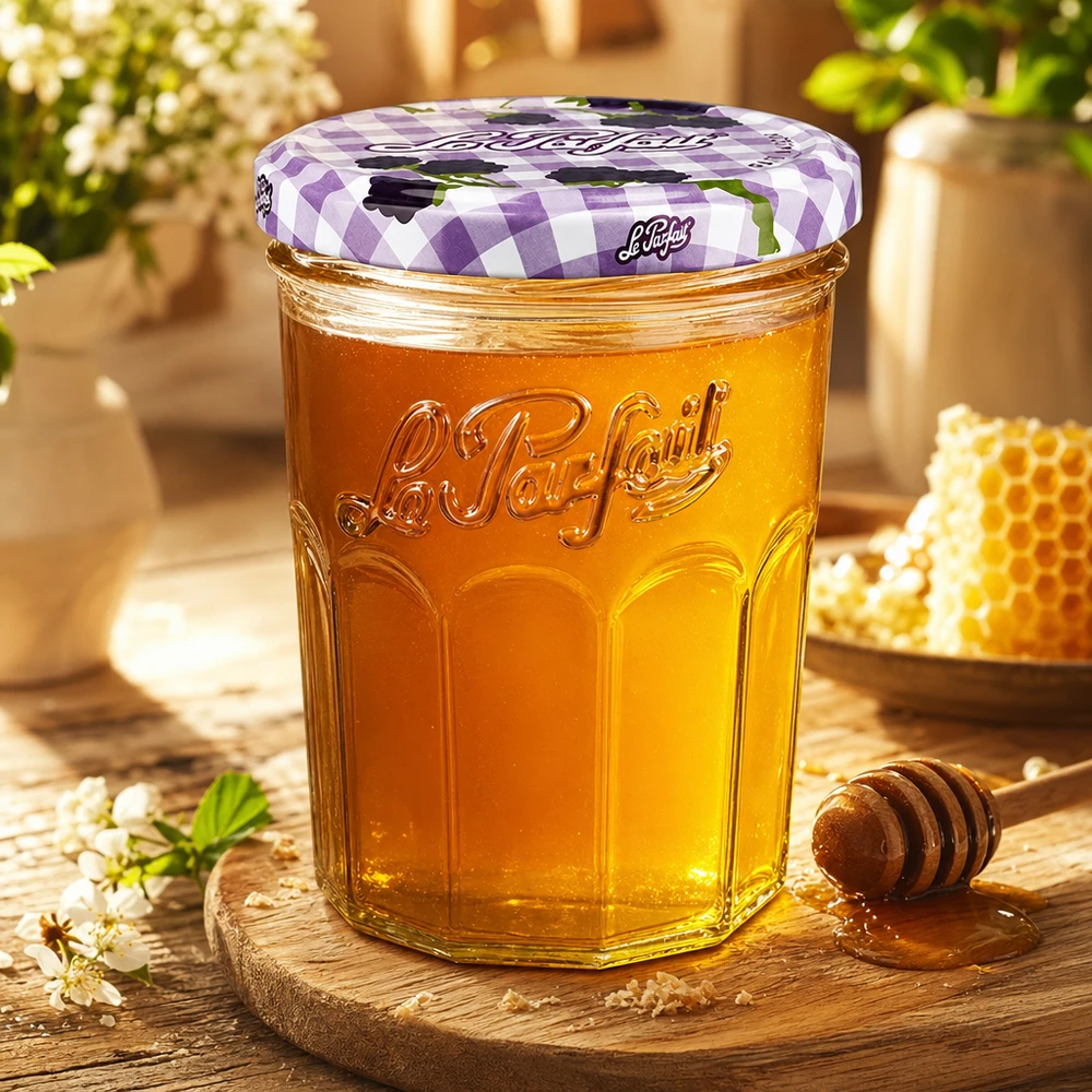385ml Sturzglas "Jam" mit Schraubdeckel Le Parfait® Le Parfait Sturzglas 385ml mit Honig gefüllt neben Waben und Honiglöffel auf Holzbrett in warmer Atmosphäre