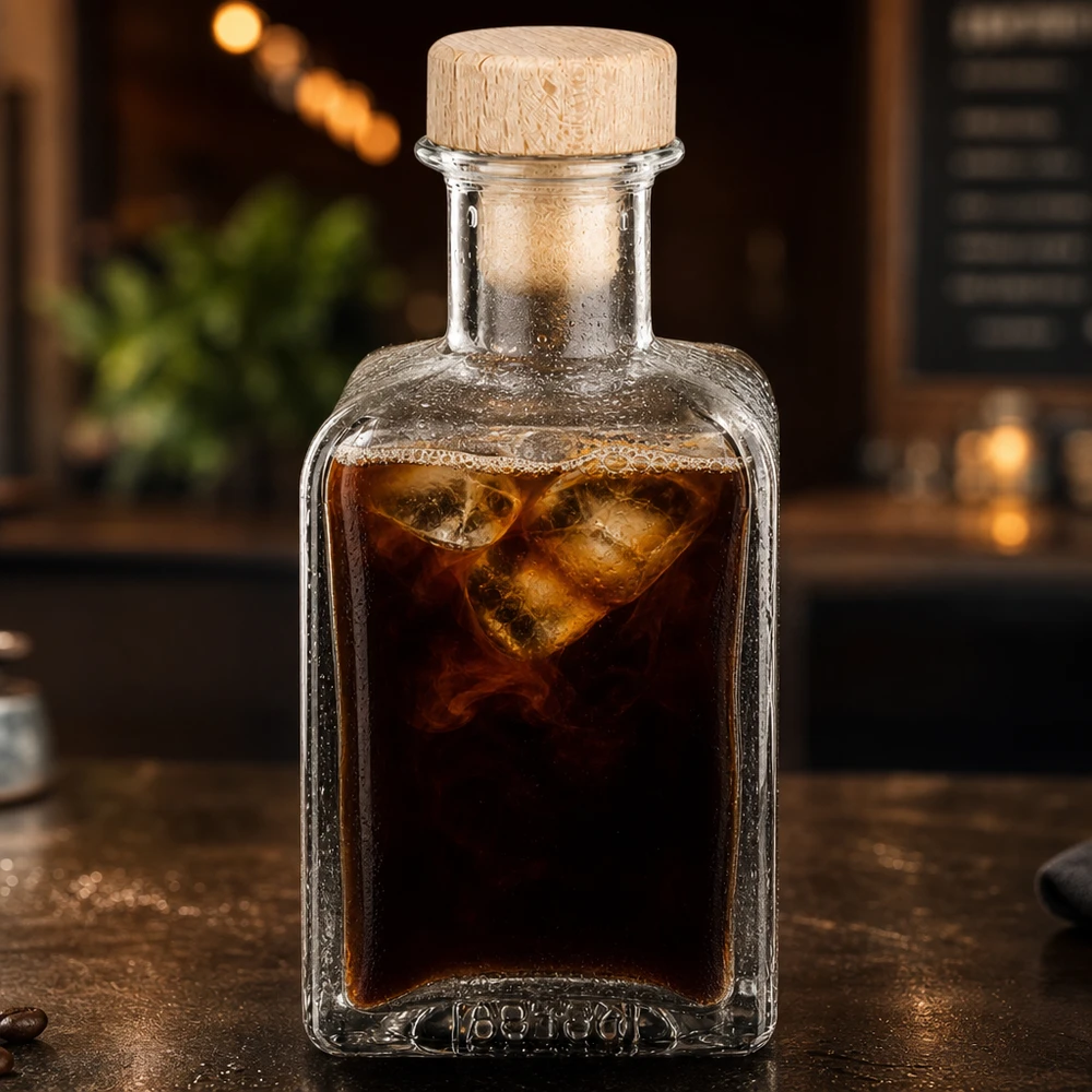 200ml Glasflasche Clara mit Cold Brew Kaffee befüllt Eiswürfel Holzkorken atmosphärische Beleuchtung Café Ambiente
