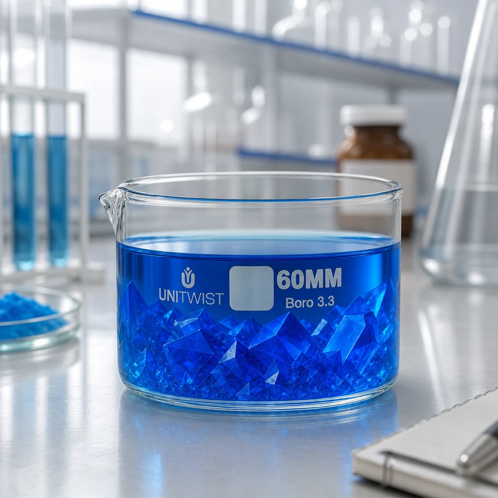 Kristallisierschale ø60mm Borosilikatglas UNiTWIST Kristallisierschale Borosilikatglas 60mm UNiTWIST mit blauer Lösung und Salzkristallen Labor
