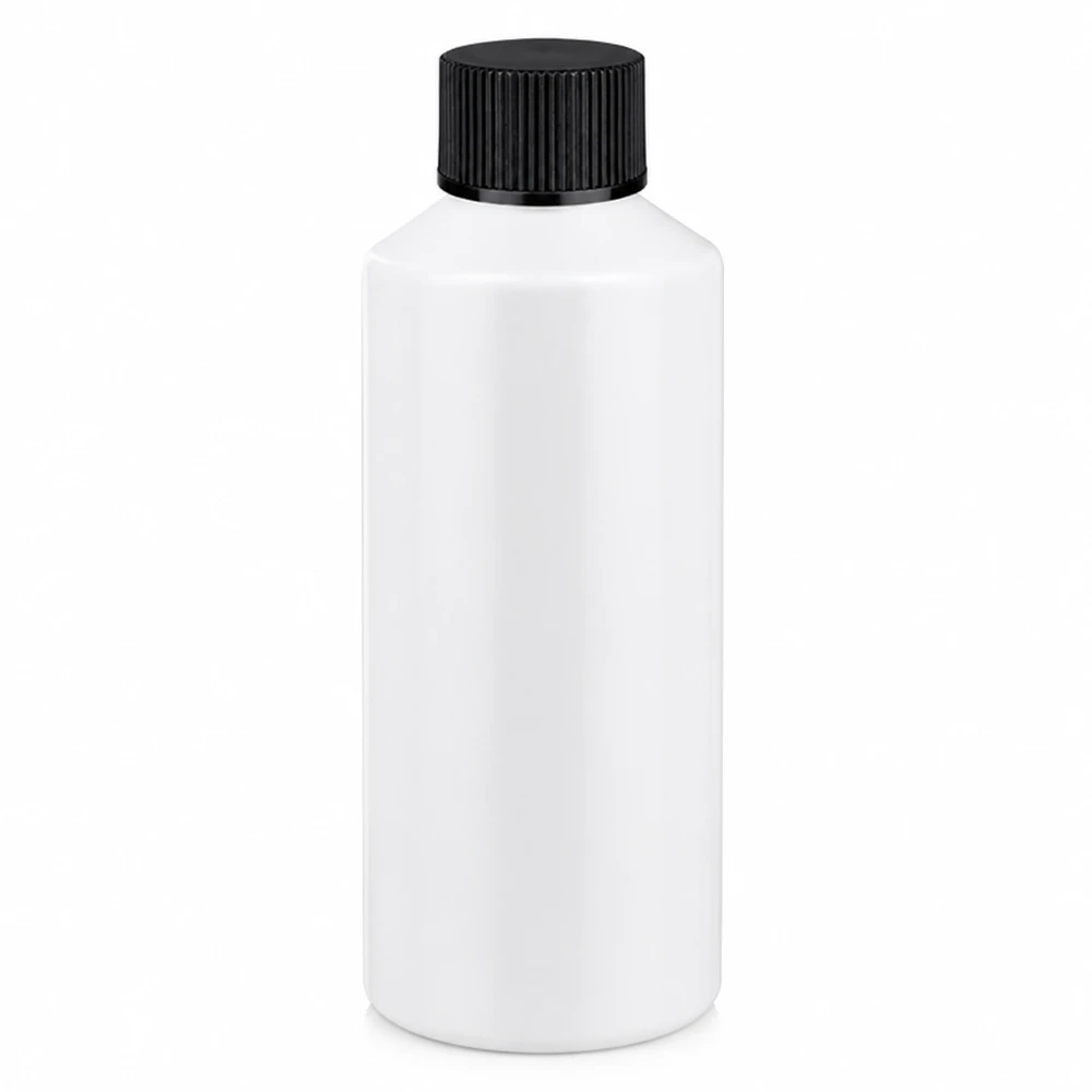 Apothekenflasche HDPE 100ml weiß, mit schwarz Schraubverschluss Kleine weiße Pharmaflasche HDPE 100ml mit schwarzem Schraubdeckel für Flüssigkeiten