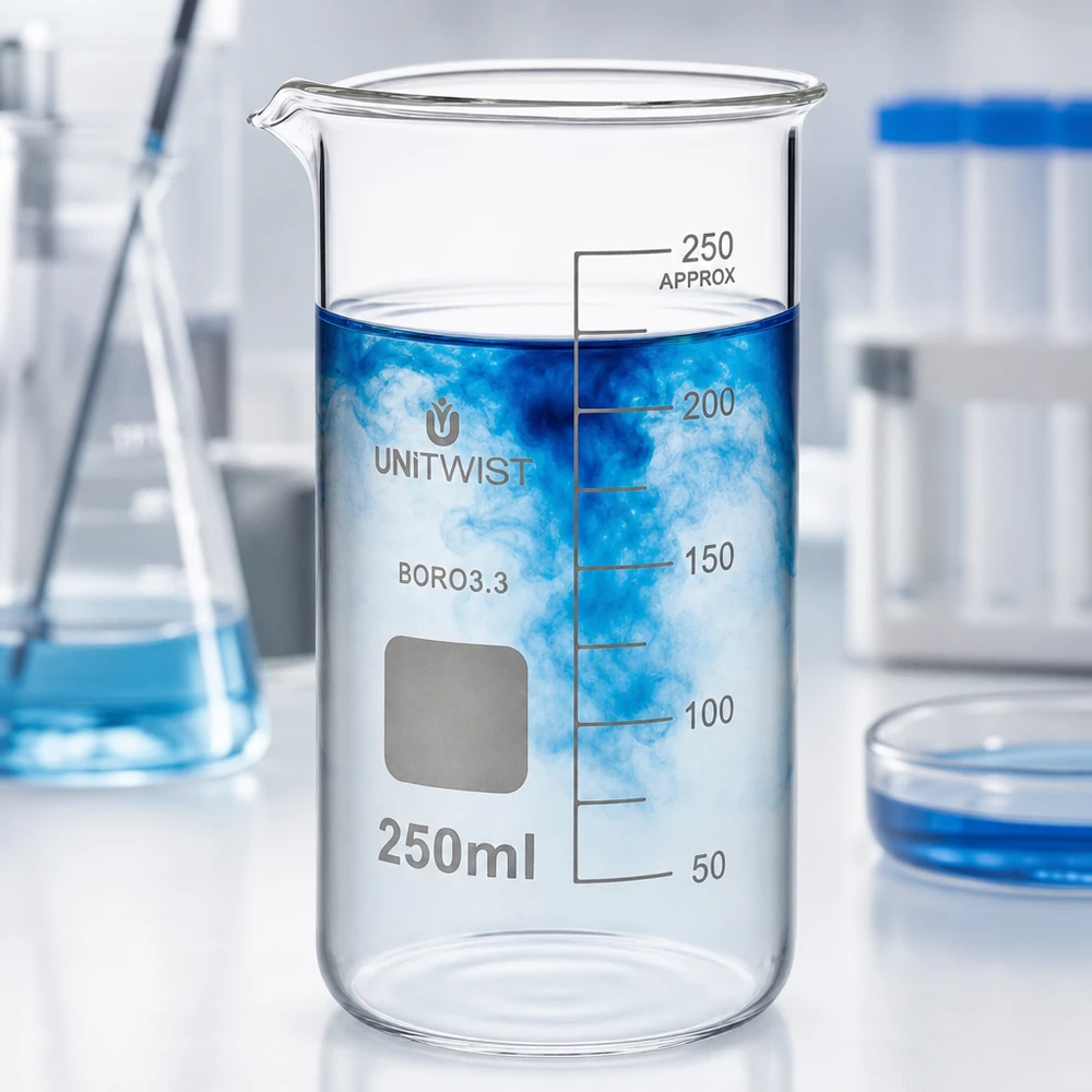 Becherglas 250ml Borosilikat, hohe Form UNiTWIST Zylindrisches Becherglas 250ml BORO3.3 mit Ausgießer und blaue Flüssigkeit im Inneren