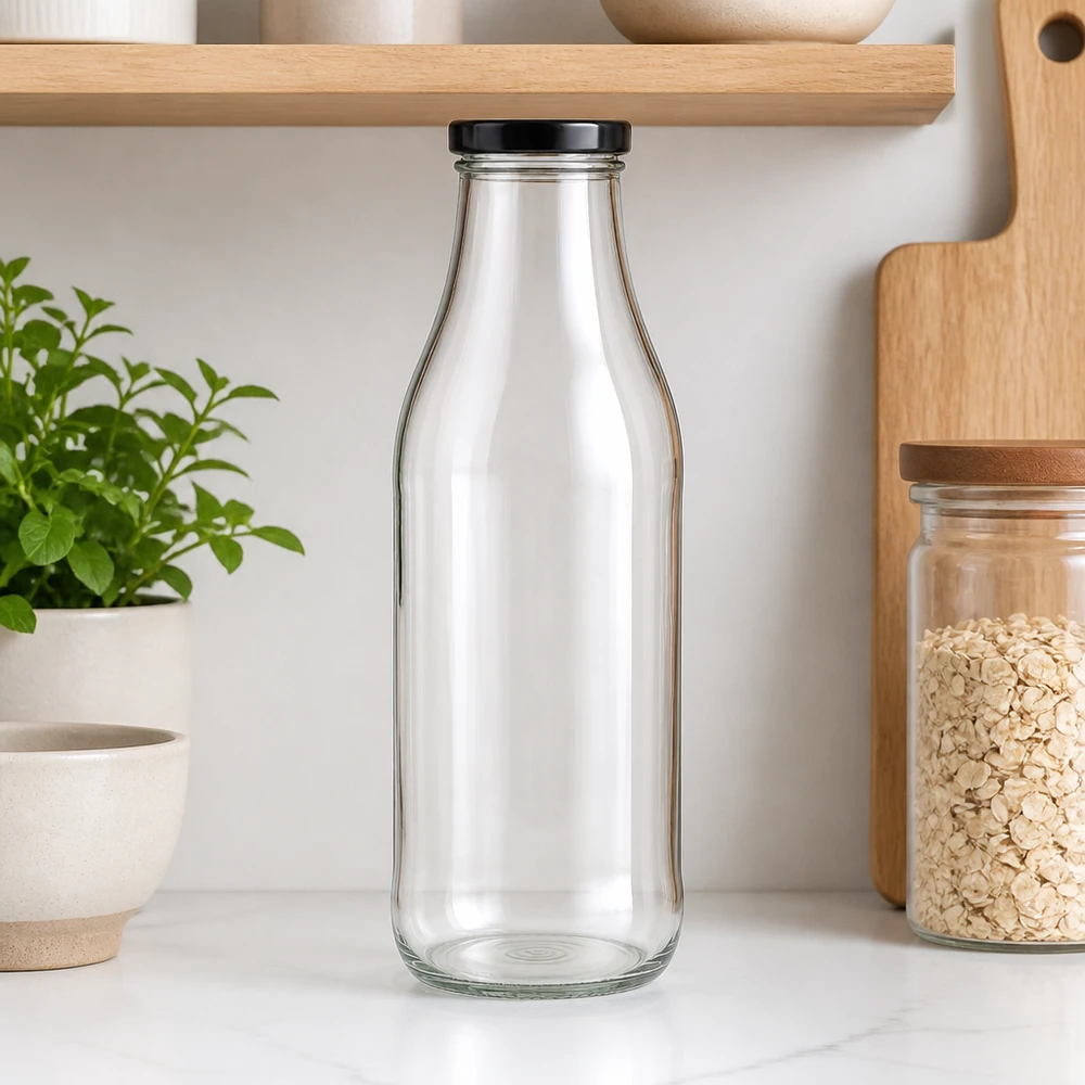 1000ml Glasflasche + BasicSeal Deckel schwarz UNiTWIST Leere 1000ml Glasflasche mit schwarzem Deckel in moderner Küche neben Holzregalen und Kräuterpflanze