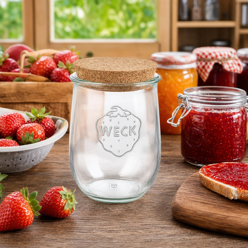 WECK RR100 Tulpenglas 1062ml Korkverschluss Küchenszenerie mit Erdbeeren und selbstgemachter Marmelade