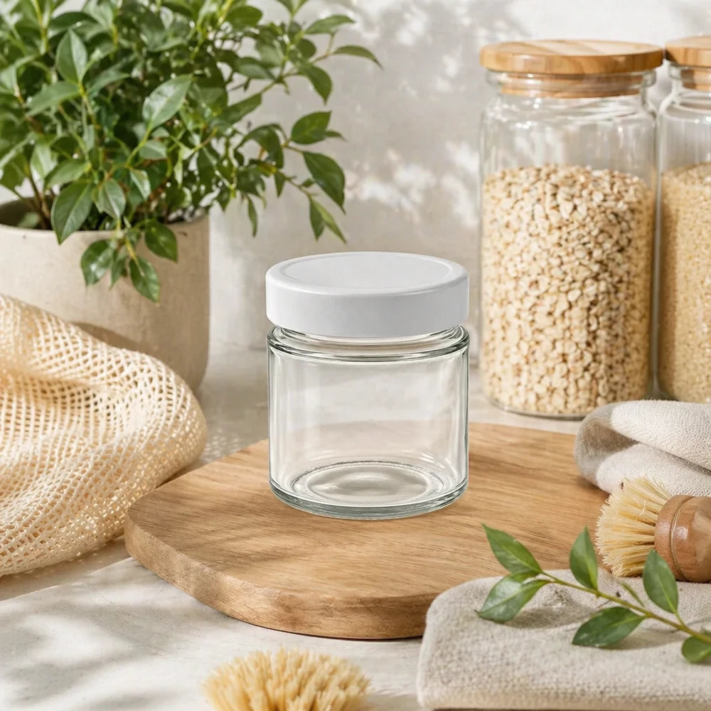 135ml Rundglas BasicSeal Deckel weiß nachhaltiges Zero Waste Lifestyle Bambusdeckel Holzbrett Küchenorganisation