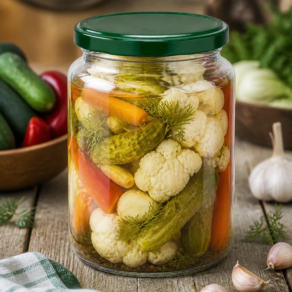 795ml Rundglas + BasicSeal Deckel grün UNiTWIST UNiTWIST Rundglas 795ml mit eingelegtem Mischgemüse und Dill - grüner BasicSeal Deckel für Einmachen und Fermentieren