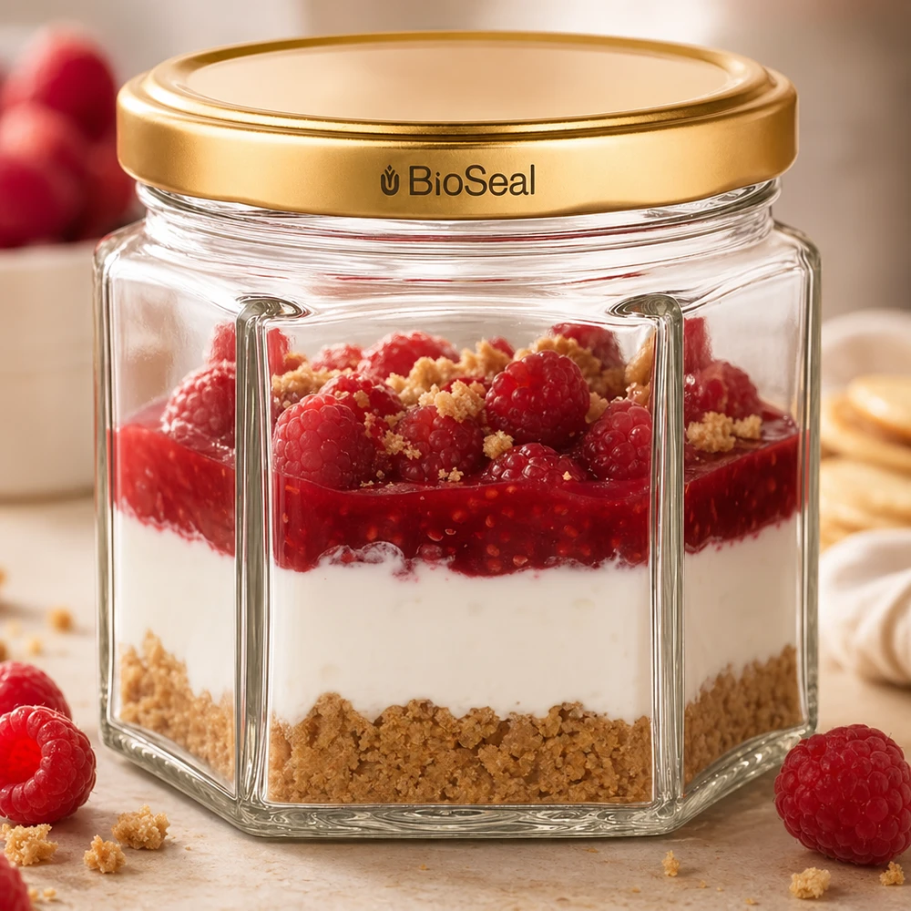47ml Hexaglas mit BioSeal Deckel gold UNiTWIST UNiTWIST Hexa47 mit goldenem BioSeal Deckel als Dessertglas mit Himbeer-Schichtdessert und Streuseln gefüllt