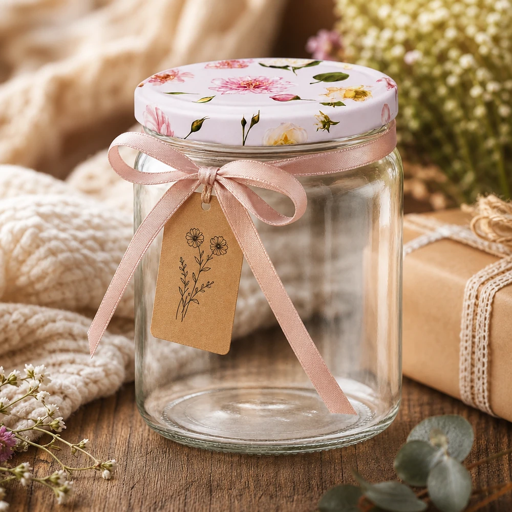 408ml Rundglas + BasicSeal Deckel Blume rosa UNiTWIST 408ml Rundglas rosa Blumendeckel BasicSeal dekorativ arrangiert mit Schleife Anhänger Geschenkverpackung Einmachglas
