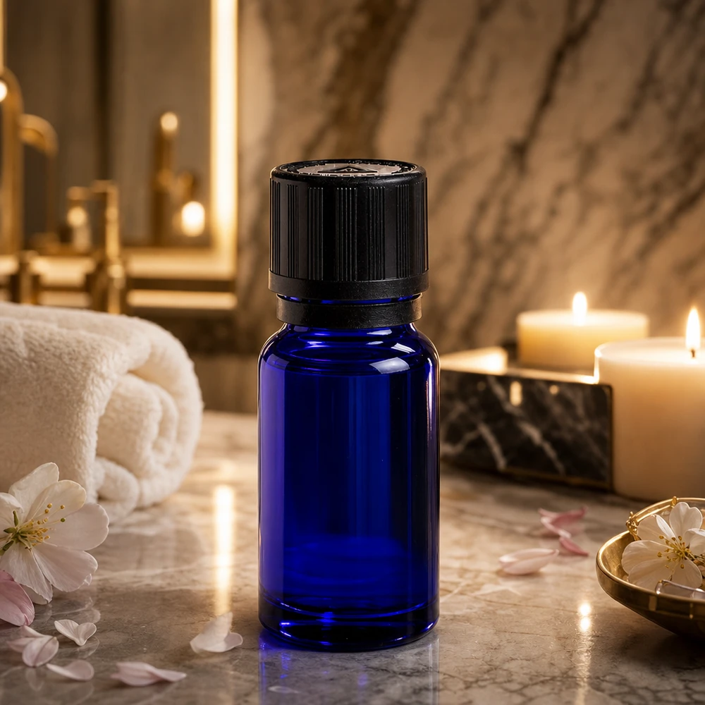 Apothekenflasche blau 10ml Tropfer Giessring 1mm schwarz Kindersicherung Blindenwarnsymbol Originalitätsverschluss Hochwertige blaue 10ml Apothekerflasche mit Präzisionstropfer im goldenen Badezimmerambiente