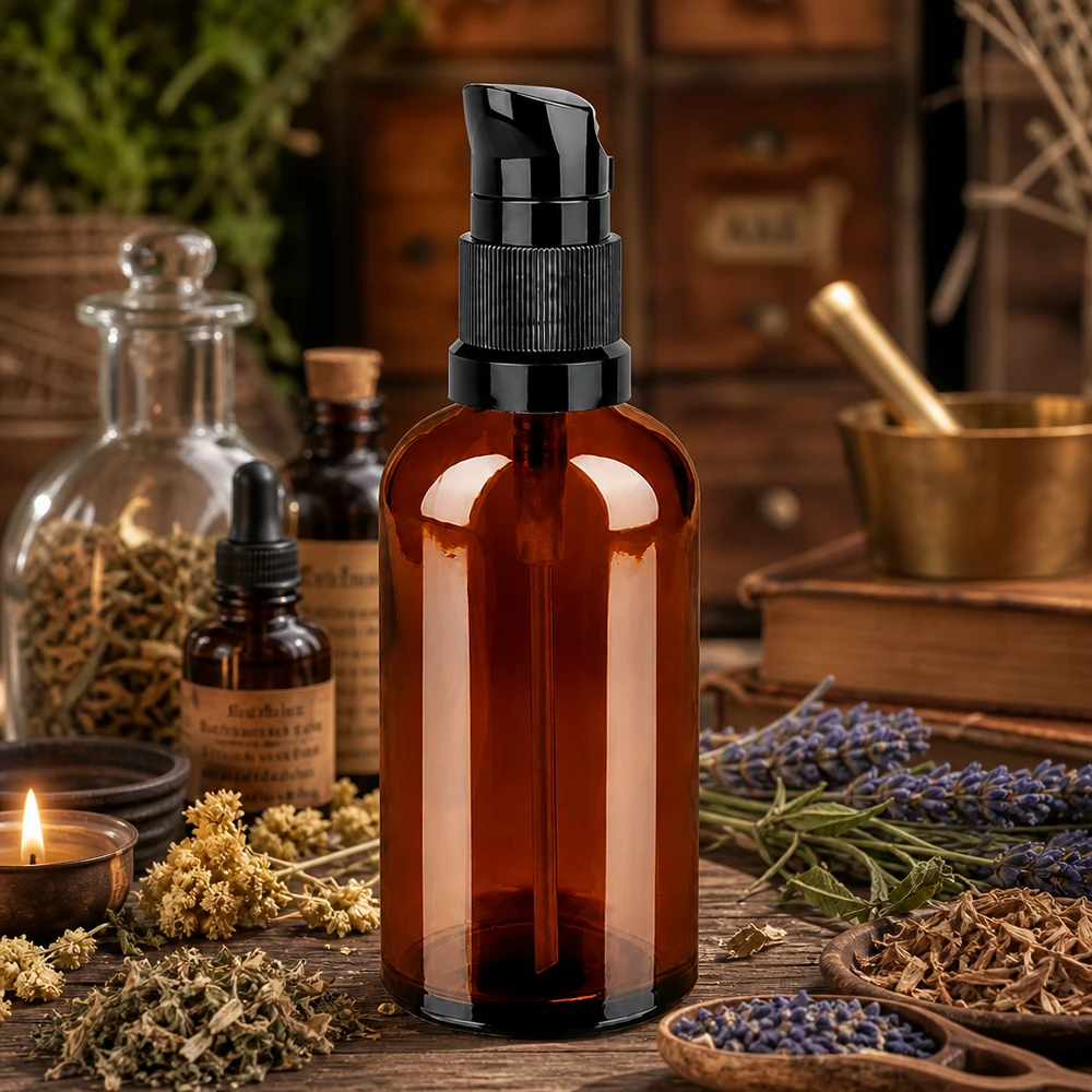 100ml Pumpflasche schwarz Standardverschluss BrownLine UT18/100 Stilvolle 100ml Pumpflasche in Bernsteinbraun mit mattschwarzem Spenderkopf für edle Präsentation