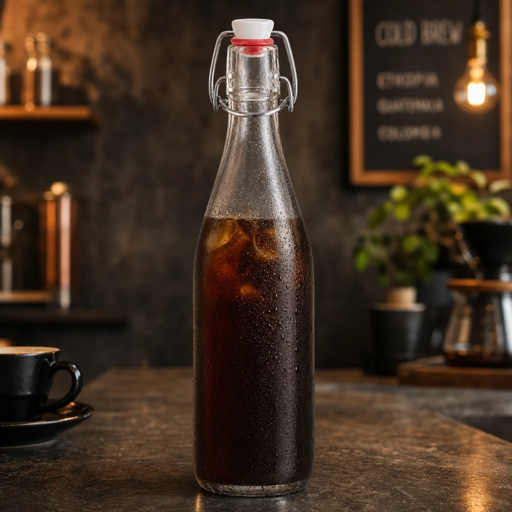 500ml Glasflasche und Bügelverschluss PVC UNiTWIST 500ml Glasflasche mit Bügelverschluss befüllt mit Cold Brew Kaffee in rustikaler Café Atmosphäre