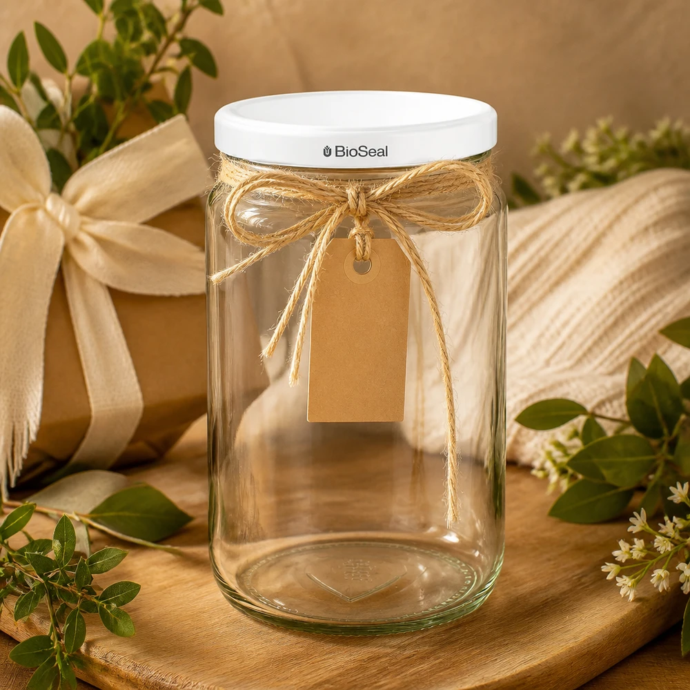 UNiTWIST Runda795 Geschenkverpackung mit Bastschleife und Kraftpapier-Etikett - dekorative Glasverpackung