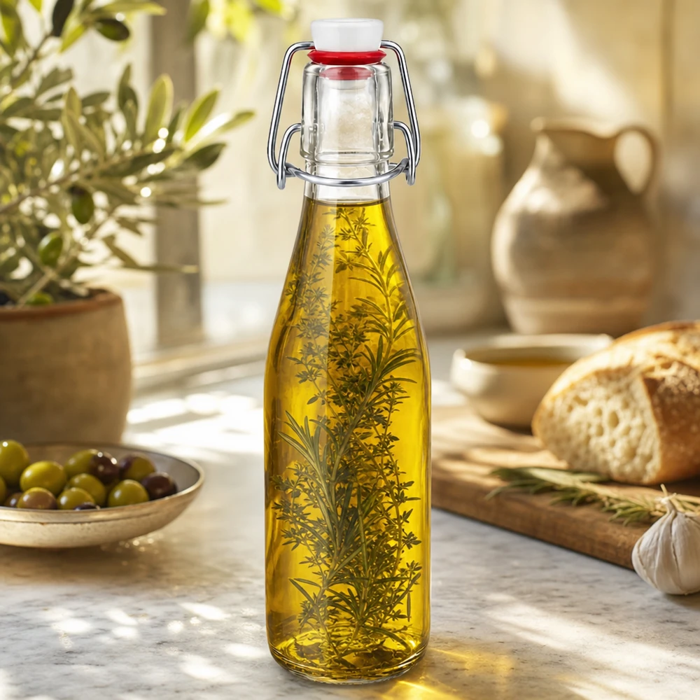 250ml Glasflasche und Bügelverschluss Porzellan UNiTWIST 250ml Glasflasche mit Bügelverschluss gefüllt mit Kräuteröl, dekorative Küchenszenerie mit Oliven und Brot