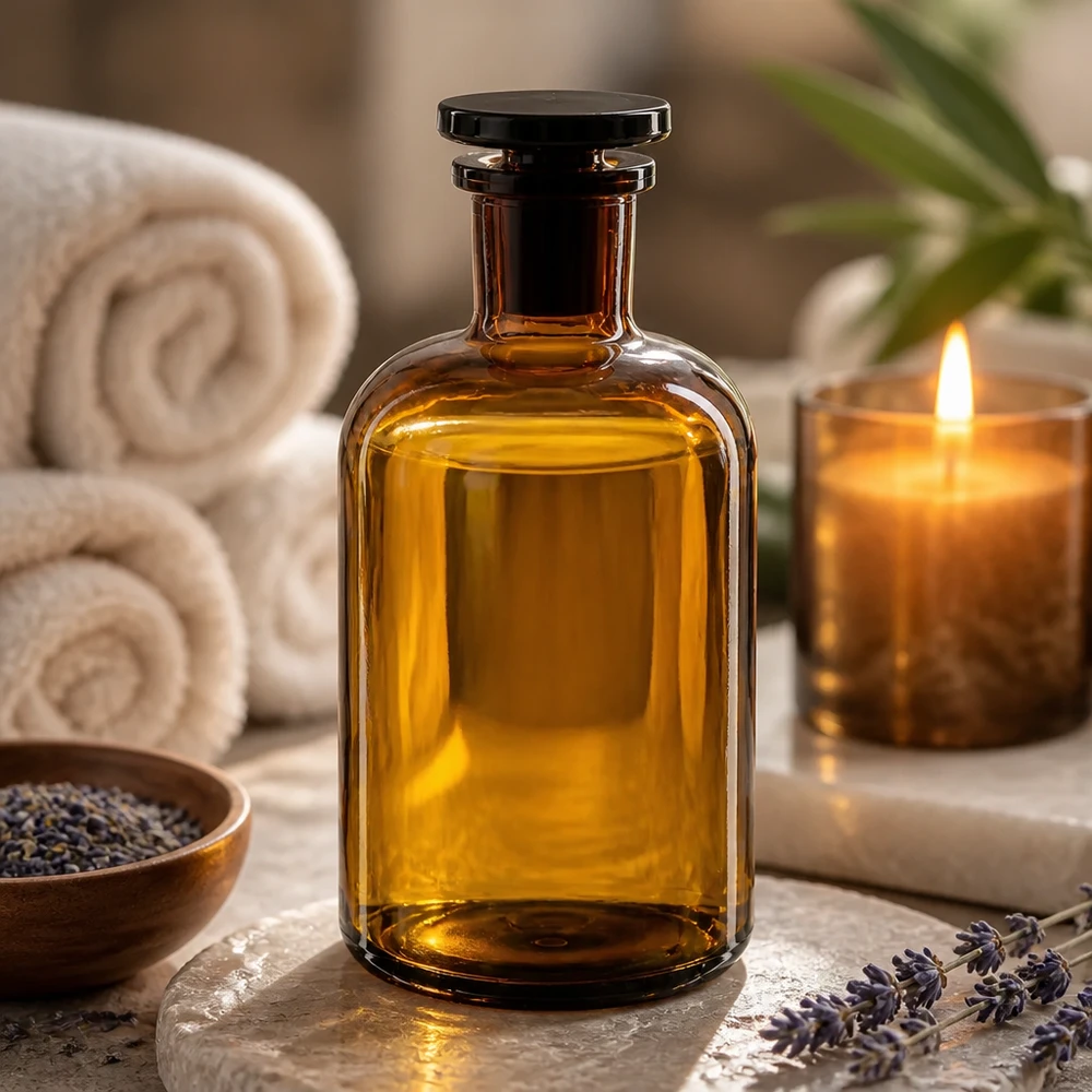 Rundschulterfl. 500ml braun Enghals Glasstopfen Hochwertige Vorratsflasche 500ml Braunglas Enghals Rundschulter stabiler Glasstopfen