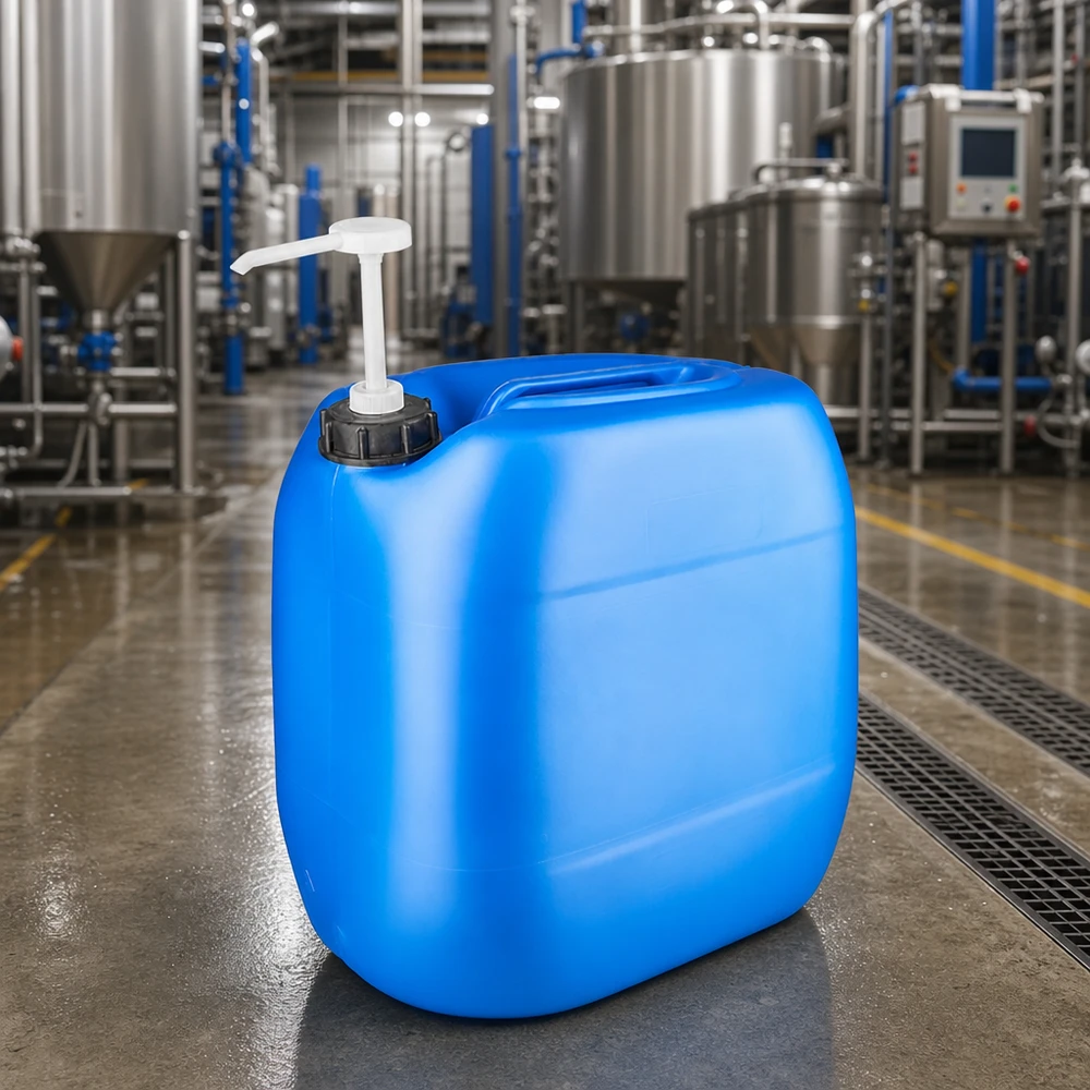 Kanister 30 Liter blau mit Dosierpumpe Blauer Großbehälter 30L mit Pumpspender zur sicheren Chemikalienlagerung im Betrieb