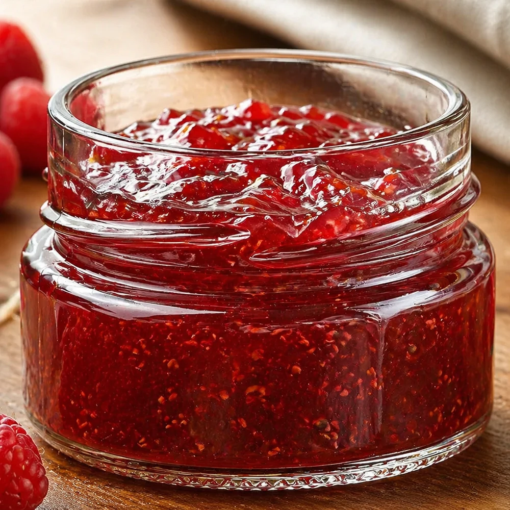 80ml Rundglas ohne Deckel (TO58deep) UNiTWIST UNiTWIST Runda80 Rundglas 80ml TO58deep mit roter Marmelade gefüllt auf Holzuntergrund mit Beeren