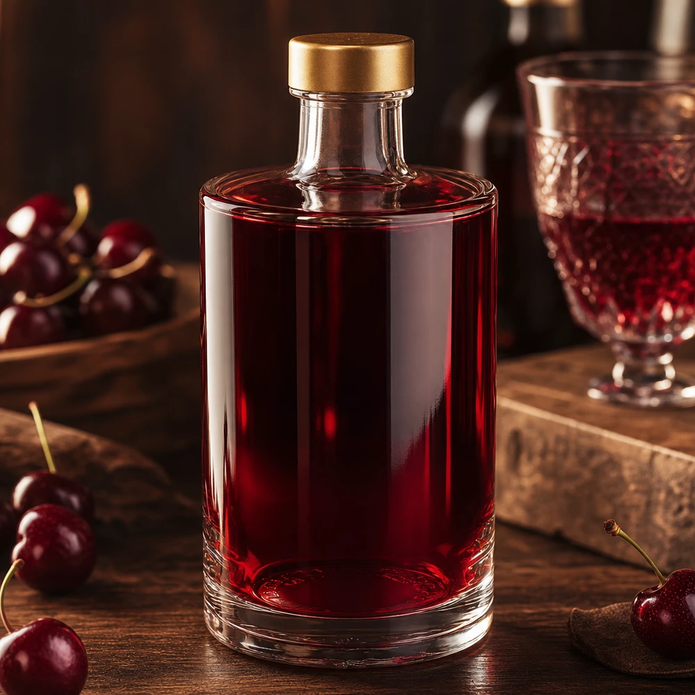 375ml Glasflasche Sam mit Kirschlikör befüllt goldener UNiTWIST Schraubverschluss Kirschen Likör Spirituosen Ambiente