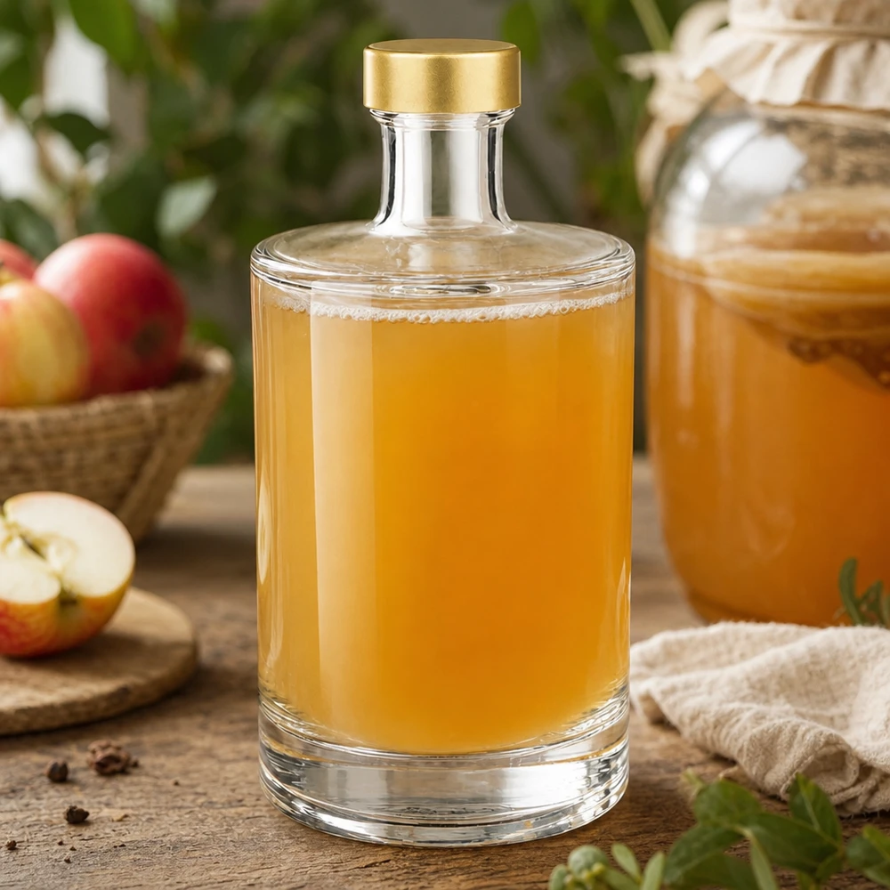 500ml Glasflasche Sam mit Apfelsaft befüllt goldener UNiTWIST Verschluss Äpfel Holztisch natürliche Küchen Atmosphäre