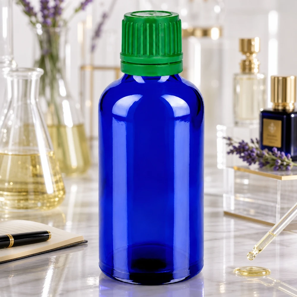 50ml Flasche 11mm Schraubverschluss grün Originalitätsverschluss BlueLine UT18/50 Funktionale 50ml Abfüllflasche mit ergonomischem grünem Verschluss für einfache Handhabung